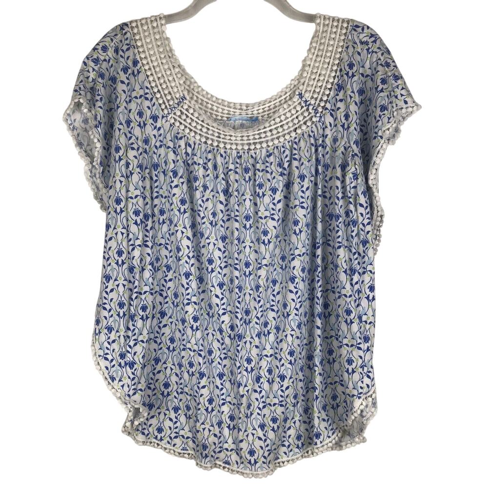 J McLaughlin Flowy Top Short Sleeve Floral White Blue Green Wing Womens Medium